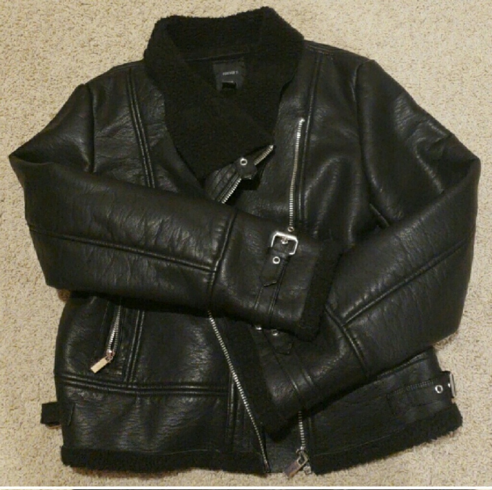 Forever 21 Faux Black Leather Shearling Moto Coat